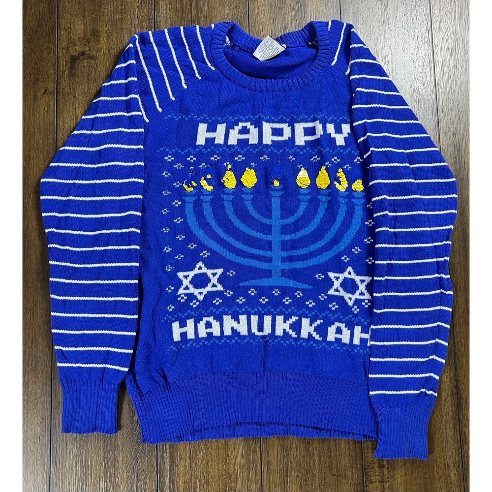 Well Worn Happy Hanukkah Menorah Sequin Ugly Holiday Sweater Blue Mens Large